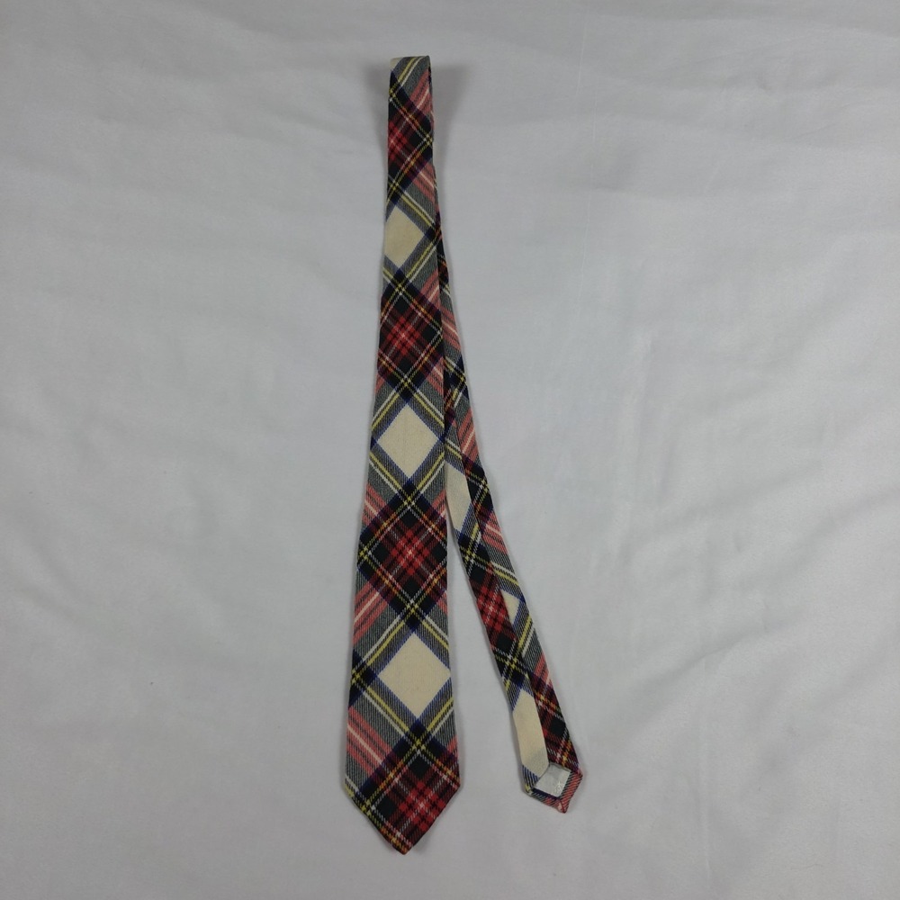 Vtg Pringle of Scotland Wool Tie Stewart Modern Tartan Plaid Red Cream Blue